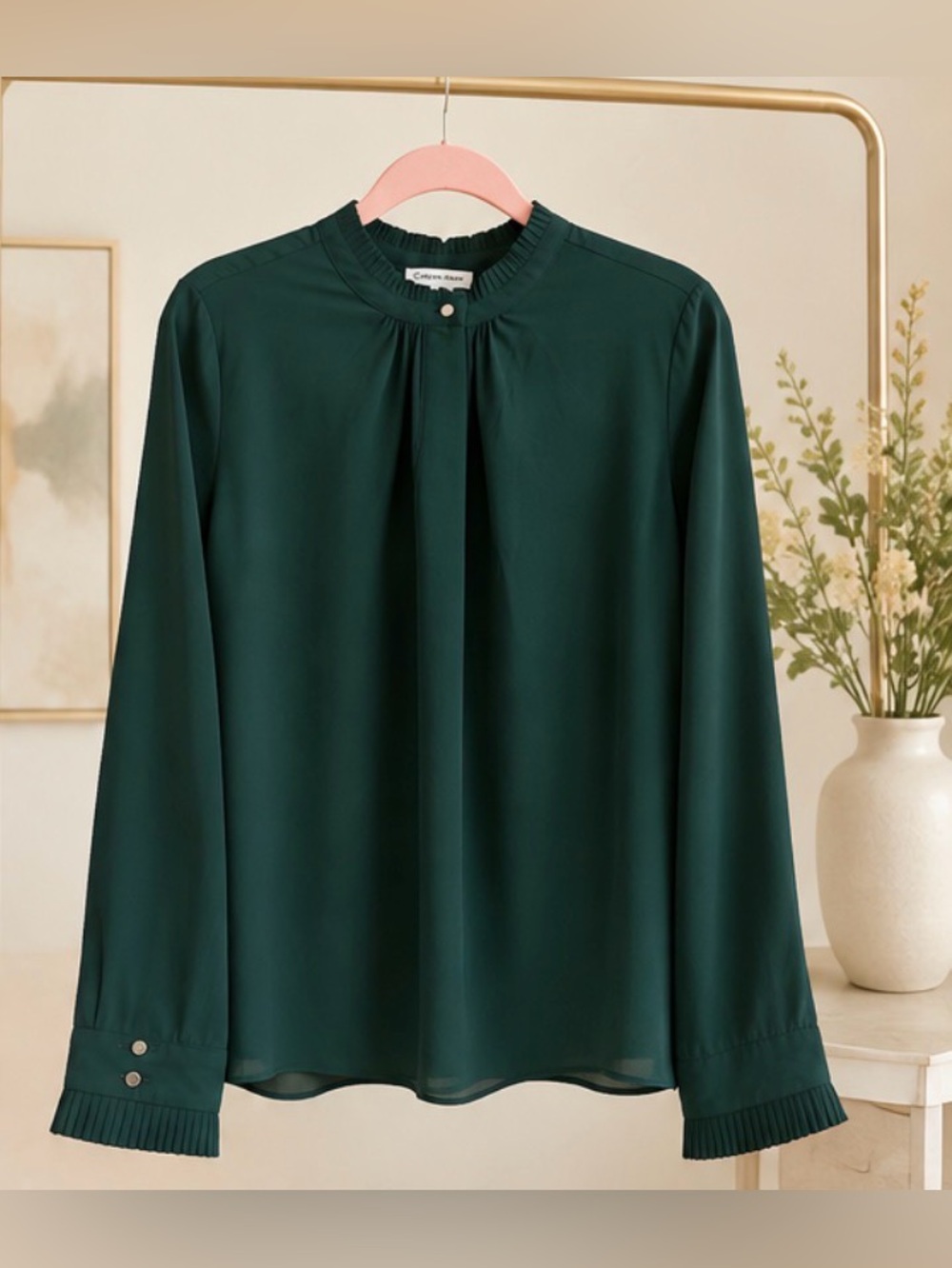 Calvin Klein Deep Green Pleated-Neck Long Sleeve Blouse